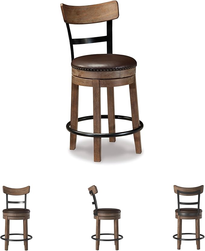 Signature Design by Ashley Pinnadel |24.25" Counter-Height Swivel Bar Stool ??Modern Farmhouse, Faux Leather, 360째 Swivel, Nailhead Trim, Rustic Light Brown