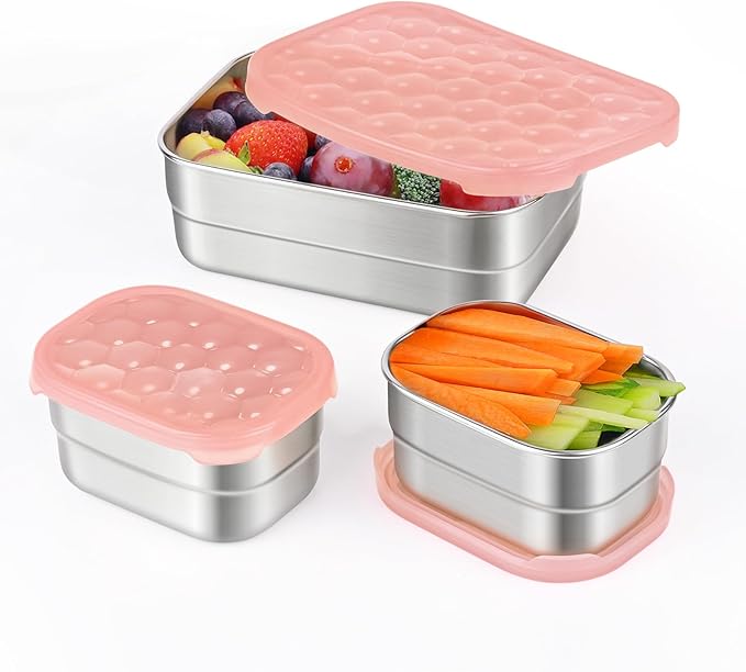 Tanjiae Small Stainless Steel Lunch Containers for Kids | Leak Proof Snack Containers with Silicone Lids - Perfect Metal Lunch Box with Lids for School and Daycare (25oz+8oz*2)