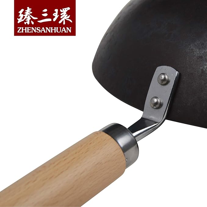 ?삡툒??ZhenSanHuan HandHammered Iron Wok Flat Bottom Induction Suitable (32cm WoodHandle with Help)
