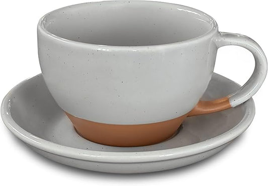 MORA Ceramic Latte Art Mug With Saucer - 10.5 oz, Round Bottom For Perfect Pours - Cafe Cups for Cappuccino, Espresso, Coffee, Tea etc - Porcelain Set for Baristas, Great Gift - Earl Grey