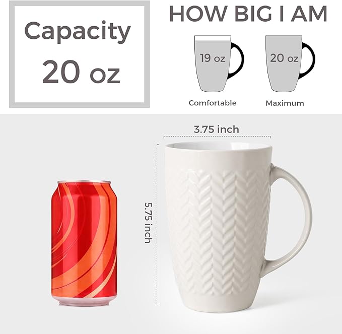 AmorArc Large Coffee Mugs Set of 6, 20oz Ceramic Tall Coffee Mugs Set with Textured Geometric Patterns for Coffee/Tea/Beer/Hot Cocoa, Dishwasher & Microwave Safe, Beige&Burgundy