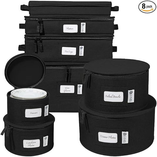 China Storage Hard Shell Containers 8-Piece Set Moving Boxes for Dinnerware, Glasses, Plates, Mugs and Saucers Sturdy Dish Organizer with Dividers for Seasonal Storage - Service for 12 - Black