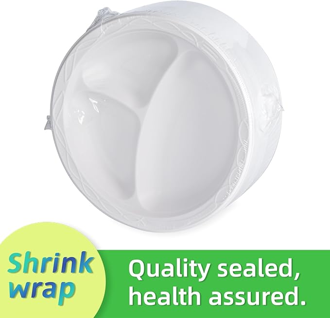 Party Plates Mineral Filled PP Plastic 9" - 150 Pack Shrink Wrap BPA Free Dinner Tray | Dishwasher & Microwave Safe | 3 Compartment Heavy Duty White Reusable & Disposable Plate for Catering