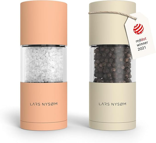 LARS NYS횠M Salt and Pepper Grinder Set, Manual Salt and Pepper Mills with Adjustable Ceramic Grinder, Design Spice Shaker Set (Peach/Beige)