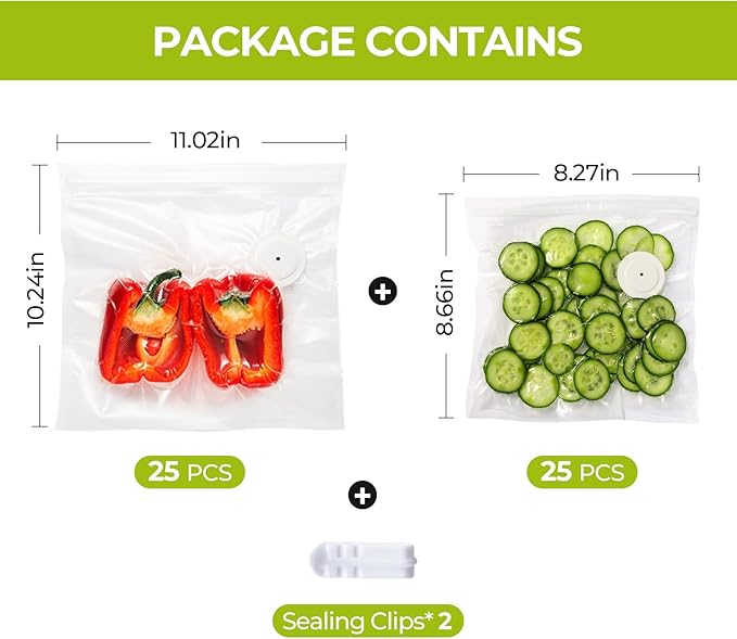 Reusable Vacuum Sealer Bags for Food with Air Valve, 50 Pack BPA?멑ree Food Saver Bags Dishwasher?멣afe, Freezer,Microwave, Odor-Resistant, Leak?몆roof for Leftovers, Meal Prep, Sous Vide, BBQ