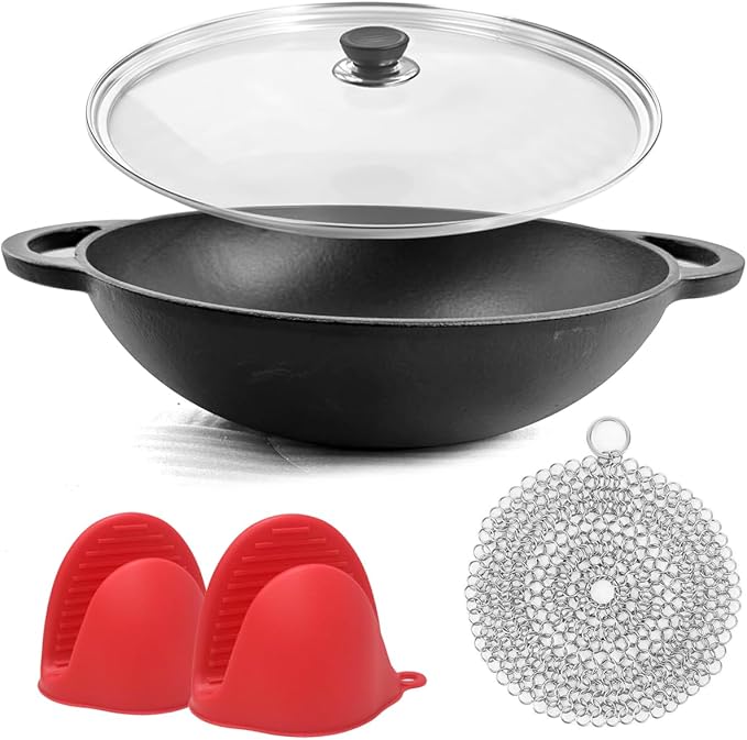 12 Inch Pre-Seasoned Cast Iron Skillet - Wok Round Bottomed Frying Pan with Assist Handles,Tempered Glass Lid, Cast Iron Scrubber,Silicone Oven Mitts for Stovetop,home baking 癤?(Glass Lid)