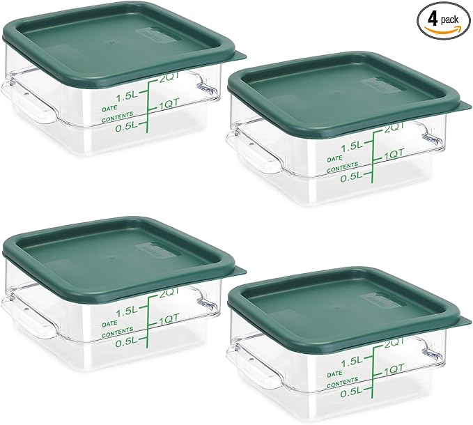 4 Pack Food Storage Containers with Green Lids, 2.0 Qt - Square, Clear, Polycarbonate, for Restaurant Commercial Kitchen and Home party