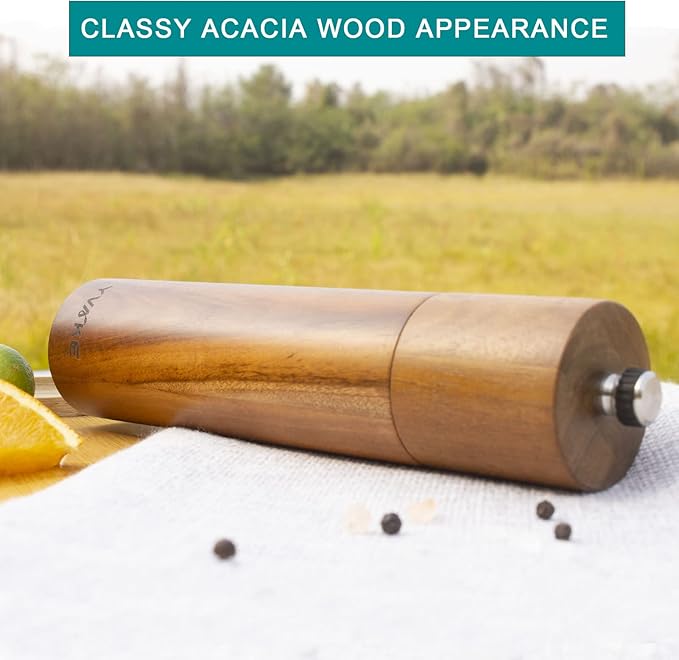 Wooden Salt and Pepper Grinder,8 Inch Manual Salt and Pepper Mill, Adjustable Coarseness and Refillable,Acacia Wood Pepper shakers for your kitchen