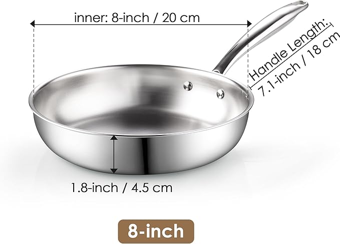 Cook N Home 8-inch Stainless Steel Frying Pan, Tri-Ply Clad 18/10 Stainless Steel Skillet Saut챕 Cooking Fry Pan, Induction Cookware, Silver