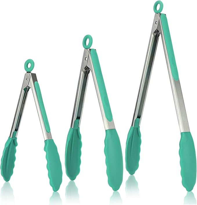 Kitchen Tongs, U-Taste 7/9/12 inches Cooking Tongs, with 600쨘F High Heat-Resistant Non-Stick Silicone Tips, 18/8 Stainless Steel Handle, for Food Grill, Salad, BBQ, Frying, Serving, Pack of 3(Teal)