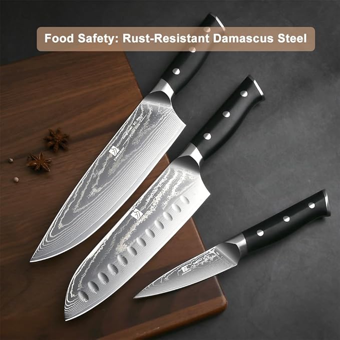 5-Piece Damascus Chef Knife Set: High Carbon Stainless Steel, Professional Ultra Sharp Kitchen Knives Set with Ergonomic Black Handle - Chef/Santoku/Paring/Bread/Brisket/Boning Knives in Gift Box