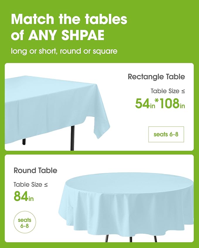 Pureegg Plastic Table Cloth Disposable 12 Pack, 54 x 108 Inch Table Cloths, Easter Party, Picnic, Wedding, Decorative Tablecloths, Rectangle, Baby Blue Plastic Cover, Leakproof & Sturdy, Light Blue