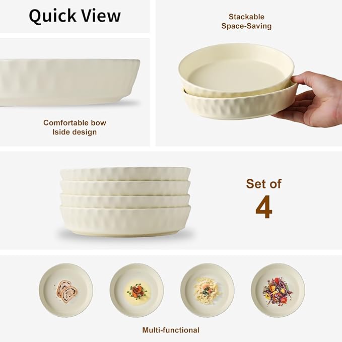 Dinner Plates Set of 4, 8 Inch Ceramic Salad Plates With High Rim for Pasta, Salad, Steak and Main Course, Microwave, Oven and Dishwasher Safe - Apricot