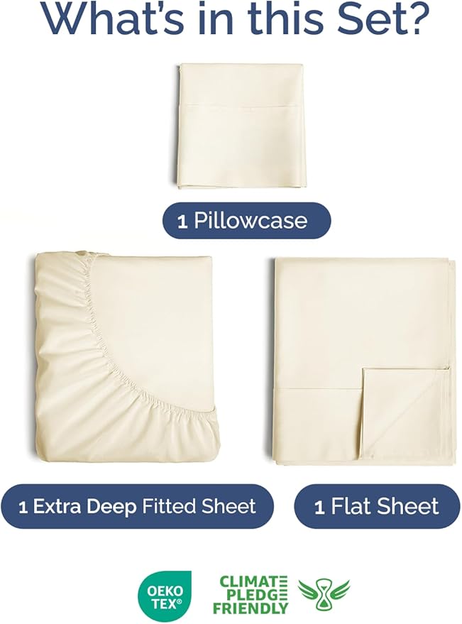 Extra Deep Pocket Twin Sheets - 3 Piece Breathable & Cooling Bed Sheets - Hotel Luxury Bed Sheet Set - Soft, Wrinkle Free & Comfy - Easily Fits Extra Deep Mattresses - Deep Pocket Off White Sheets Set