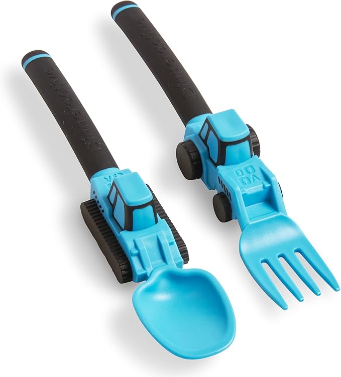 Dinneractive Utensil Set for Kids ??Construction Themed Toddler Forks and Spoons, Toddler Utensils ??2-Piece Set ??Blue Construction Utensils for Toddlers - Loader & Tractor Toddler Spoons and Forks
