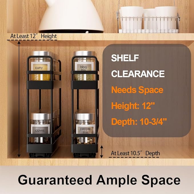 Finnhomy Pull Out Spice Racks for Inside Cabinets, Whole Metal Manufacturing, Vertical Spice Rack Pull Out, Spice Organizer, 2.16" W 횞 10.39" D 횞 9.76" H, 2 Drawers & 2 Tiers, 2 Pack, Black