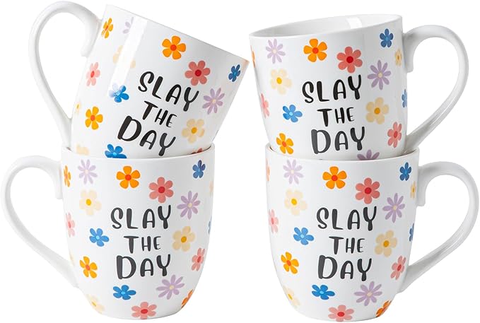 16OZ Ceramic Slay the Day Coffee Mugs Set, Large Colorful Coffee Cups with Handles for Milk, Tea, Latte, Mocha, Cocoa, Cappuccino, Porcelain Cups Gift for Holiday or Anniversary (4PCS)