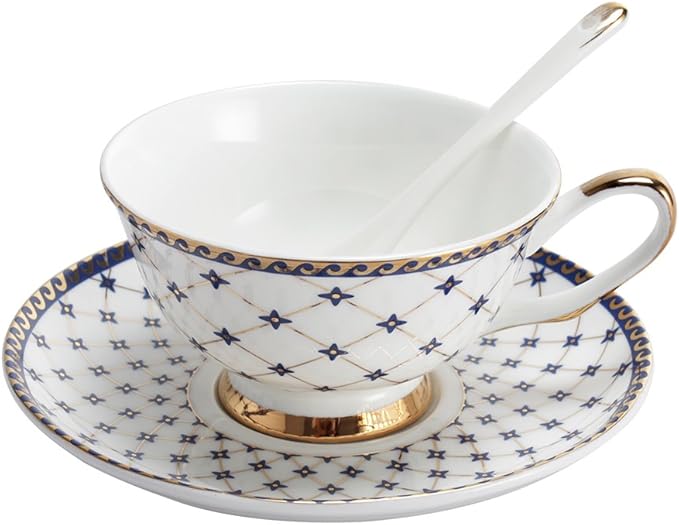 Porlien Royal Blue Star-night Porcelain 7-ounce Teacup and Saucer Set with 6-inch Coffee Spoon