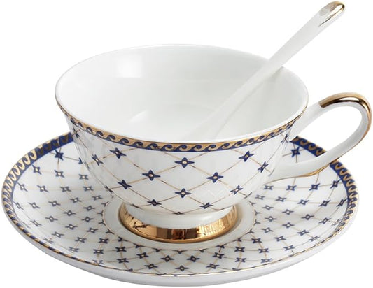 Porlien Royal Blue Star-night Porcelain 7-ounce Teacup and Saucer Set with 6-inch Coffee Spoon