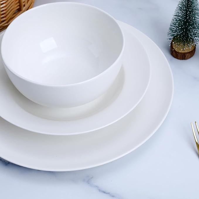 ArtClayz Elegant 12-Piece Bone China Dinnerware Set, Service for 4, White Porcelain Plates & Bowls, Chip Resistant, Dishwasher and Microwave Safe