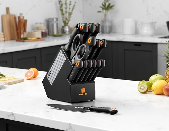 WIZEKA Kitchen Knife Block Set: 15 Pieces Extremely sharp Black Knife Set with Sharpener, Dishwasher Safe Knife Block Set Dark Vision Series