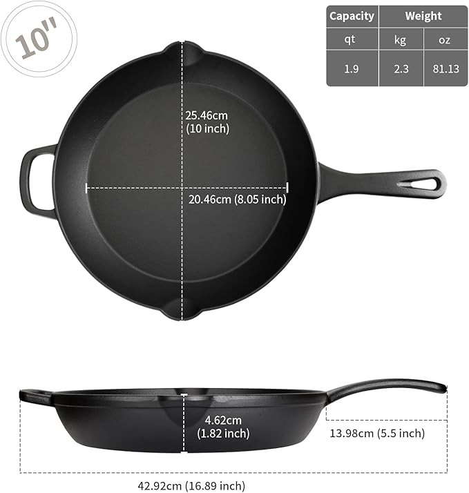 10 Inch Cast Iron Skillet ??Pre-Seasoned Frying Pan for Holiday Cooking, Heavy-Duty Oven Safe Cookware for Home Kitchen & Outdoor Use