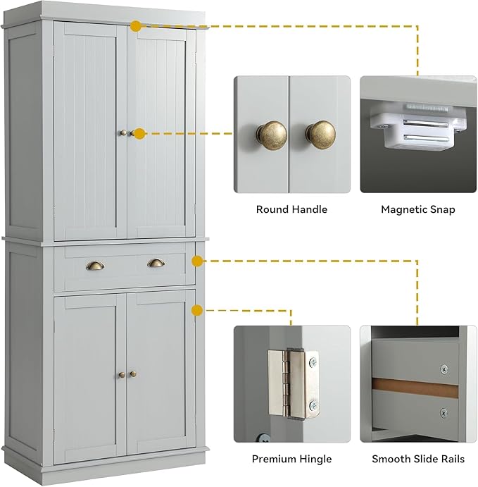 72" Kitchen Pantry Storage Cabinet, Freestanding Cupboard with 2 Cabinets, Drawer and Adjustable Shelves, Tall Storage Cabinet for Kitchen, Dinning Room, Living Room (Light Grey)