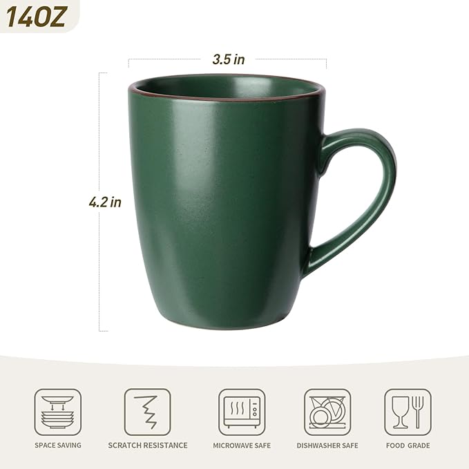 famiware Venus Coffee Mugs for 4, 12 oz Mug Set, Dringking Cup with Handle for Coffee, Tea, Cocoa, Milk, Dark Green