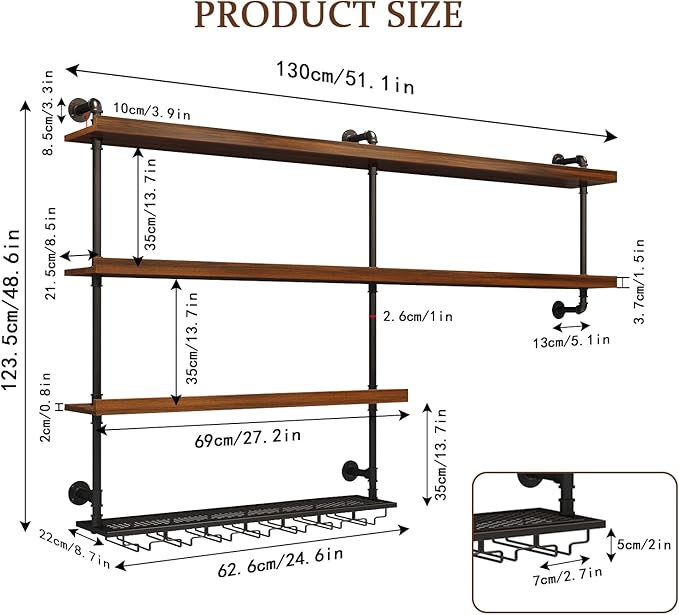 51.1in Large Wine Rack with LED Light, 4 Tiers Solid Wood Wall Mounted Wine Rack, Industrial Liquor Bottles Floating Shelves with Glass Holder for Home Bar/Dining Room (51.1in/130cm)
