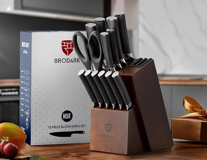BRODARK Kitchen Knife Set, Ultra Sharp 15 Pcs Knife Set with Block, Full Tang Chef Knives, High Carbon Stainless Steel Knife Block Set with Sharpener, Wooden Handle, Christmas Gifts