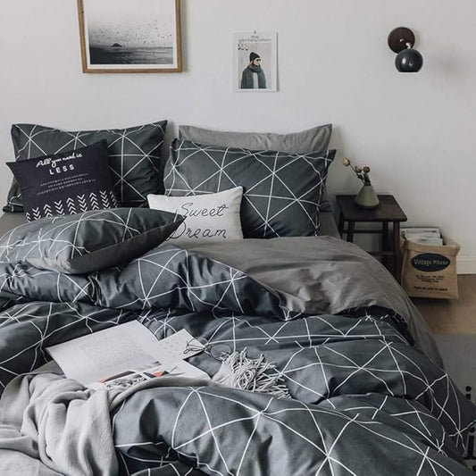 Grey Plaid Comforter Set King Geometric Plaid Bedding Comforter Set 3 Pieces Plaid Grid Comforter with 2 Pillowcases Fluffy Soft Checkered Pattern Comforter Set for All Season King Size Bed Set
