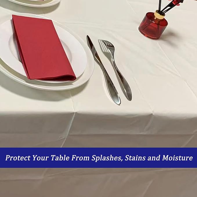 [6 Pack] Cream White Paper Tablecloth Disposable for Rectangle Tables, 54 X 108 Inch Party Table Cover with Plastic Backing, Waterproof 3 Ply Table Cloth for Wedding Banquet Event, New Pattern