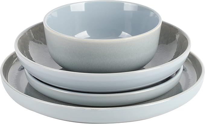 Gibson Elite Juno Moon 16-Piece Reactive Blue Double Bowl Dinnerware Set ??Durable Stoneware Plates and Bowls