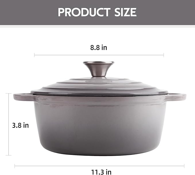 3 Quart Dutch Oven Enameled Cast Iron with Lid - Big Dual Handles - Oven Safe up to 500째F - Classic Round Pot for Versatile Cooking Light Gray