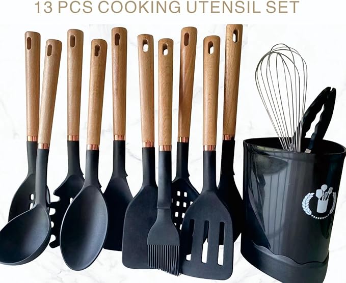 Silicone Cooking Utensils Set, Kitchen Utensils Set 13 Pcs for cooking, BPA Free Spatula Set with Heat Resistant Wood Handles for Nonstick Cookware (Black)