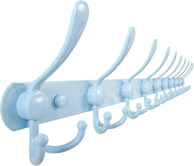 Dseap Coat Rack Wall Mount - 38??Long 10-Tri-Hooks Heavy Duty Coat Hanger Rail Wall Hooks for Hanging Coats Hats Clothing Clothes Purse Mudroom Entryway, Blue