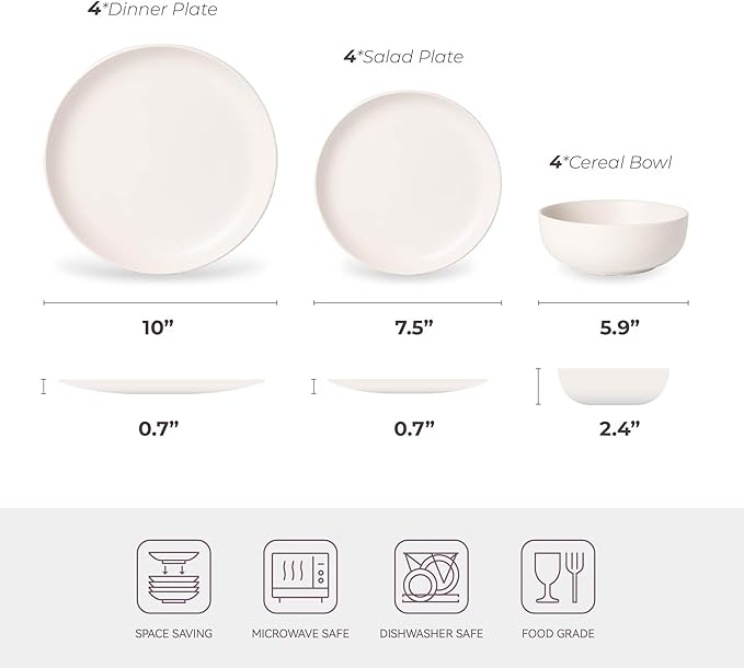 Furrnook 12-Piece Stoneware Dinnerware Set with Mugs | Microwave and Dishwasher Friendly | Stackable Matte Glaze Plates & Bowls | Service for 3 (White for 4)