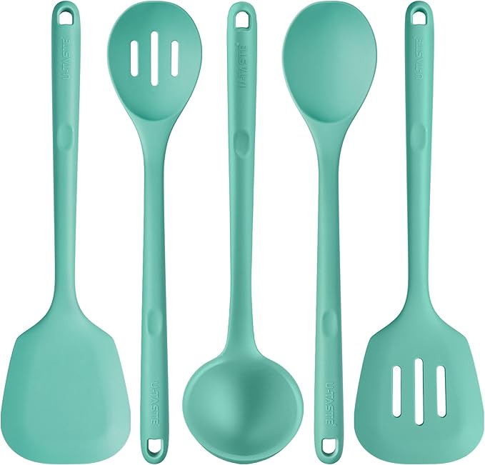 600쨘F Heat Resistant Kitchen Utensil: U-Taste 13.6" Extra Long Silicone Cooking Tools Set, Food-Grade Non-Stick Solid and Slotted Turner Spatula, Mixing Spoon, and Soup Ladle (5 Pieces, Aqua Sky)