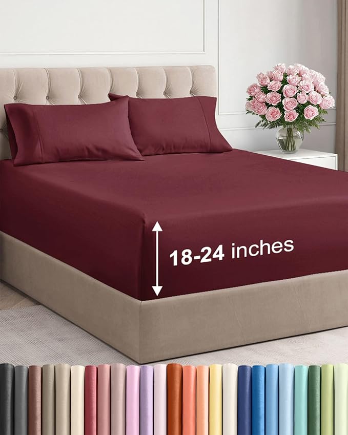 Extra Deep Pocket King Sheets - 4 Piece Breathable & Cooling Bed Sheets - Hotel Luxury Bed Sheet Set - Soft, Wrinkle Free & Comfy - Easily Fits Extra Deep Mattresses - Deep Pocket Burgundy Sheets Set