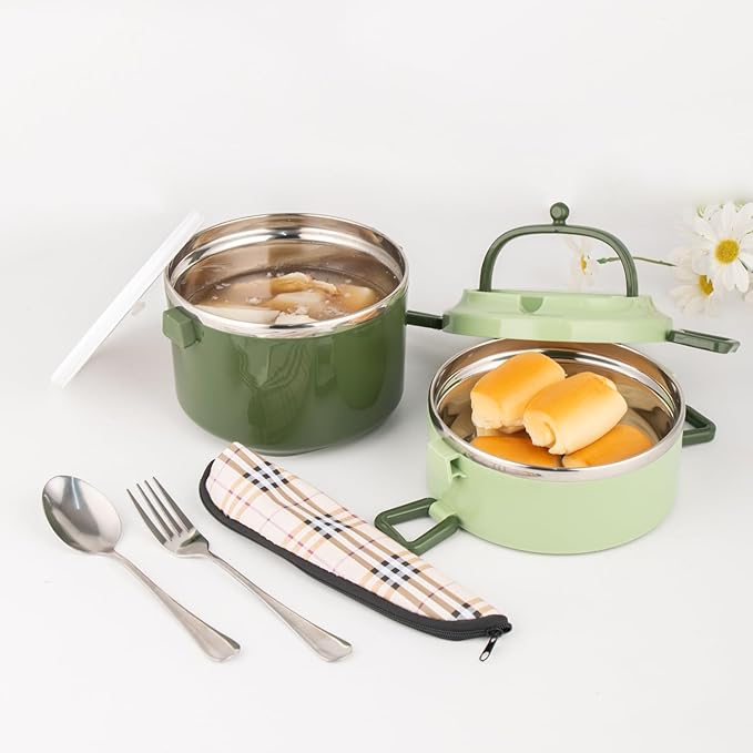 SANQIAHOME 2 Tier Stackable Stainless Steel Lunch Box Sealed(green, 2 layers) with spoon and fork