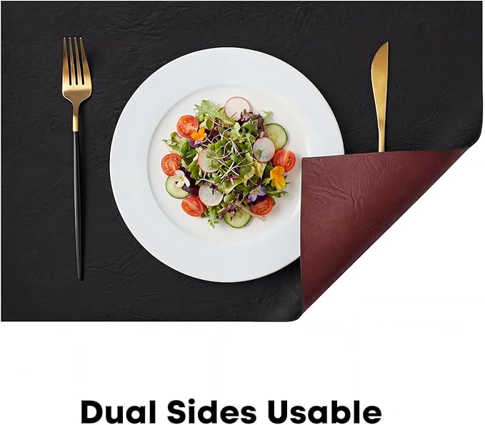 Artoid Mode Black Faux Leather Placemats Set of 4, 12x18 Inch Waterproof Wipeable Heat Resistant Place Mats, Reversible Table Mats for Kitchen Dining Decor