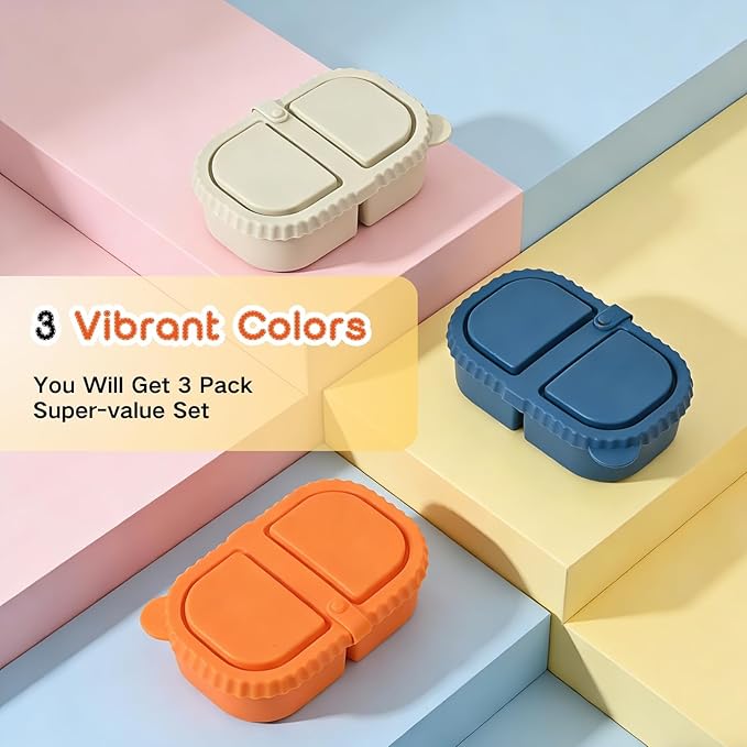 3 Reusable Silicone Food Containers (2 Compartments): Leak Proof, Microwave/Dishwasher Safe. Very Suitable For Snacking, Dipping Sauce, Cooking, Outdoor, Office or Home Use