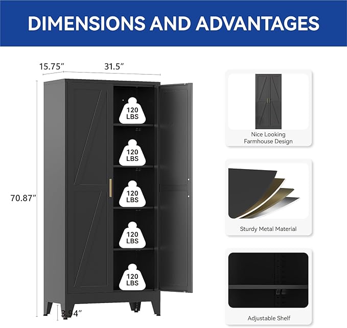 COFaR 71 in Tall Black Metal Cabinet, Metal Storage Cabinet with 4 Adjustable Shelves and Barn Doors, Farmhouse Cupboard Storage for Garage Kitchen Pantry Laundry, Black 5-Tier