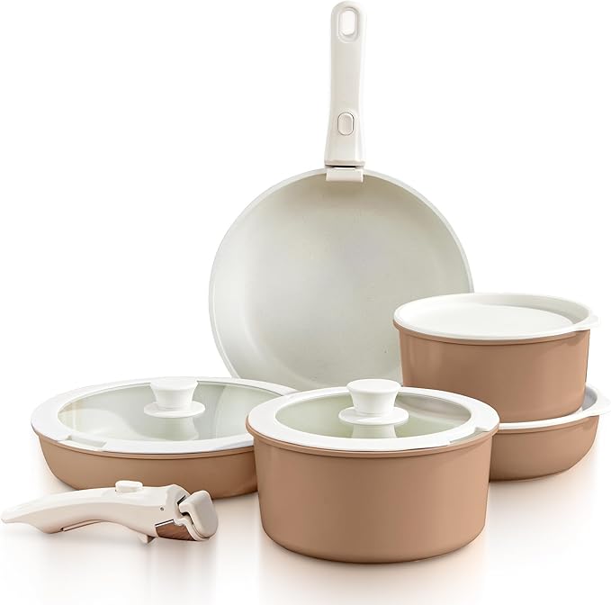 GOURMETIFIC짰 Pots and Pans Cookware Set [11 PIECES] - Non Toxic Ceramic Coated Cooking Ware - Induction, Gas & Oven Kitchenware - Non Stick Pot & Pan with Removable Handles & Stackable (Taupe)
