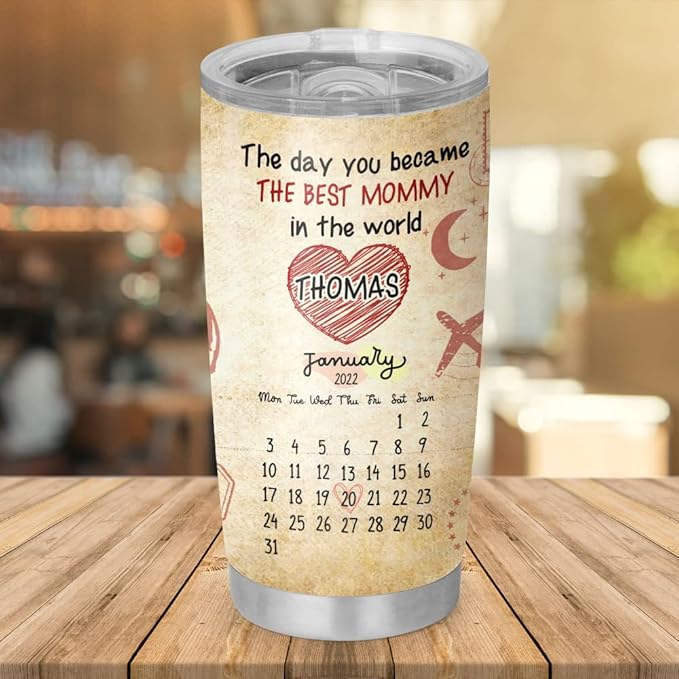 First Mothers Day Gifts For New Mom Daughter From Sister Custom Names, Baby Boy Milestone Birth Date - 1st Mothers Day Coffee Mug - 20oz Double Wall Vacuum Insulated Tumbler With Lid for Woman