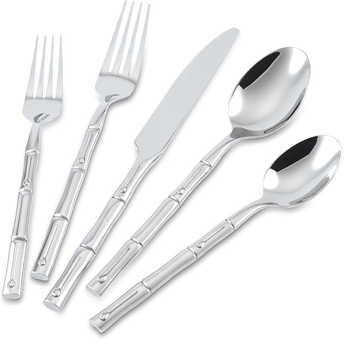 Silverware Stainless Steel Flatware Set Silver Bamboo Pattern Cutlery Set, 5-Piece Service for 1