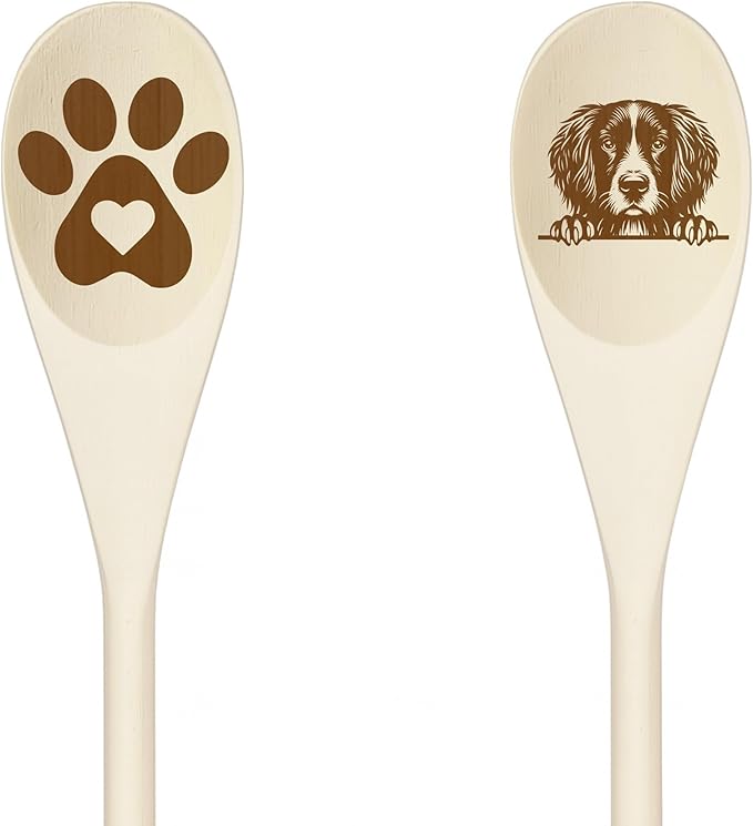 SMALL MUNSTERSLANDER Wooden Spoons for Cooking, Serving or Decorative Kitchen Utensils Set Dog Lover Dog Mom/Dad Gift with Peeking Dog Designs, Paw Print and Dog Head, Kitchen Utensils Set of 2