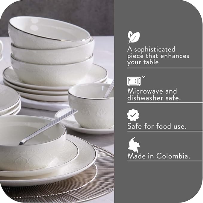 Corona 20?뱎iece Silver-Rim Elegant Embossed Floral Pattern Ceramic Dinnerware Sets, Plates Bowls and Cups, Service For 4, Harmony