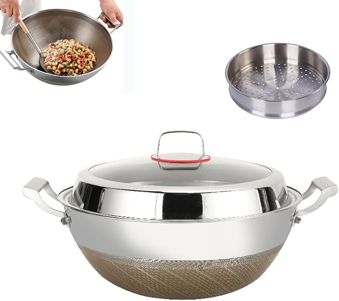 Titanium Hammered Wok with Double Handles, 2026 New Frying Pans Nonstick, Non-Stick Wok, Scratch-Resistant Non Stick Titanium Pans for Cooking,With steamer,16.53in
