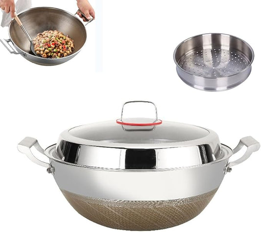 Titanium Hammered Wok with Double Handles, 2026 New Frying Pans Nonstick, Non-Stick Wok, Scratch-Resistant Non Stick Titanium Pans for Cooking,With steamer,14.96in